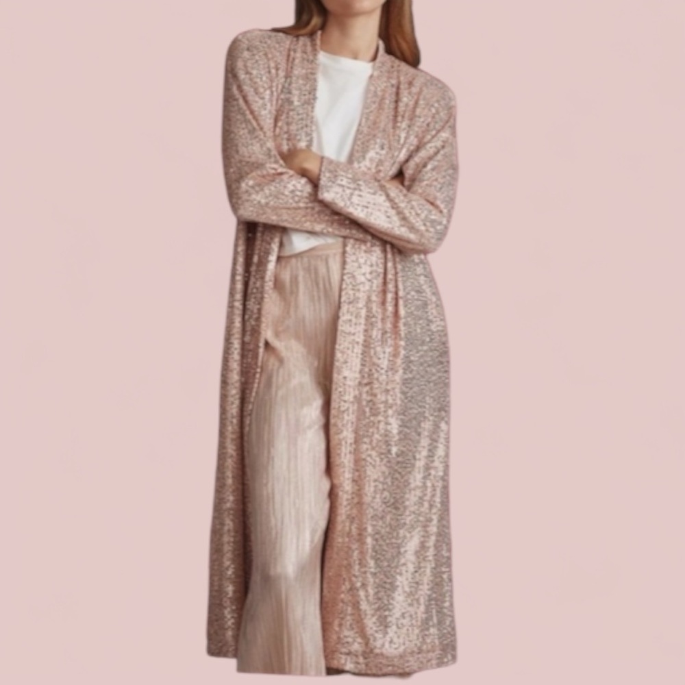 Mare Mare x Anthropologie Longline Sequin Kimono XS Rose Gold Oversized Duster
